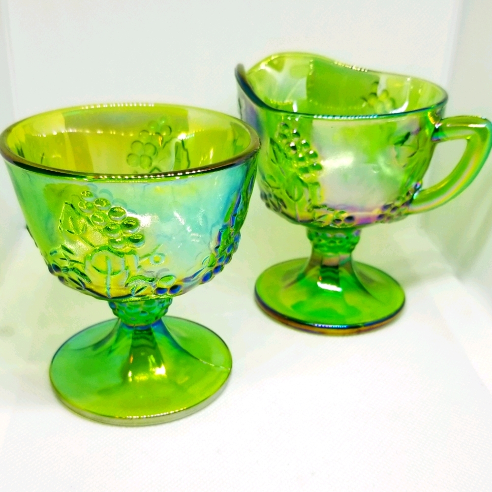 Vintage Green Indiana Carnival Glass Creamer Set